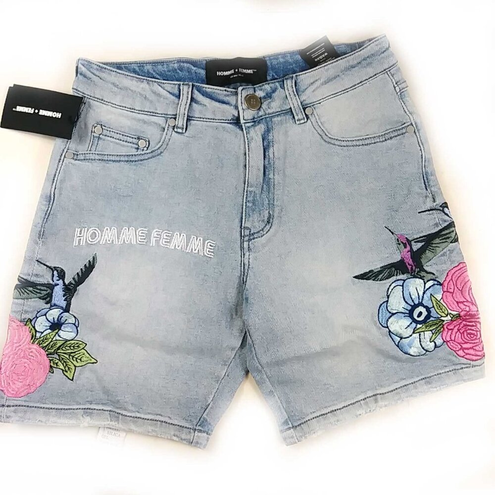NWT Homme Femme Embroidered Hummingbird Floral Denim Shorts Size 28